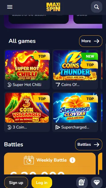 Maxispin mobile app showing the pokies lobby on a smartphone screen