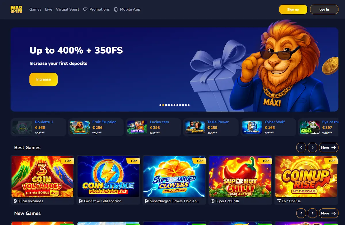 Maxispin Casino homepage showing the welcome bonus banner and pokie lobby for Australian players