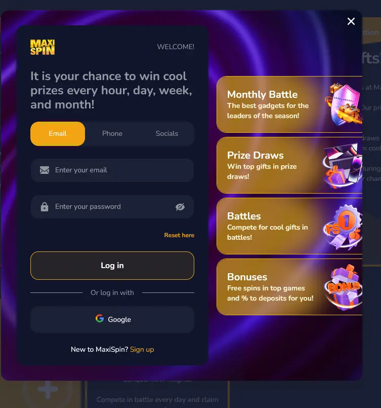 Maxispin login screen for signing in with email and password