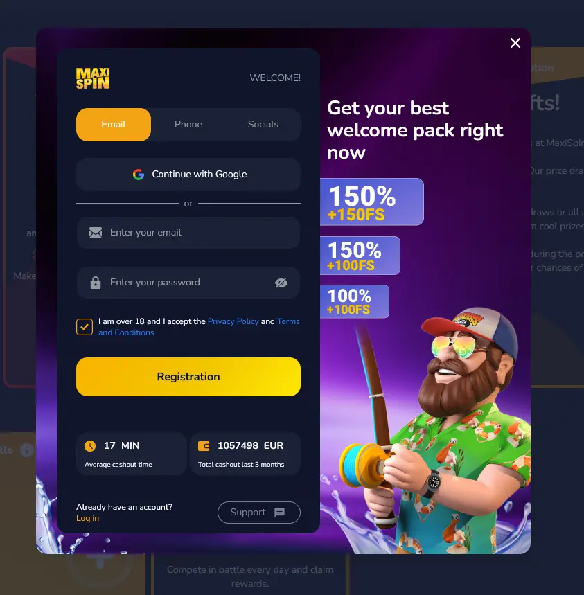 Maxispin registration form for creating a new casino account on mobile