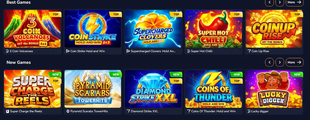 Maxispin pokies lobby with popular titles from Pragmatic Play and BGaming